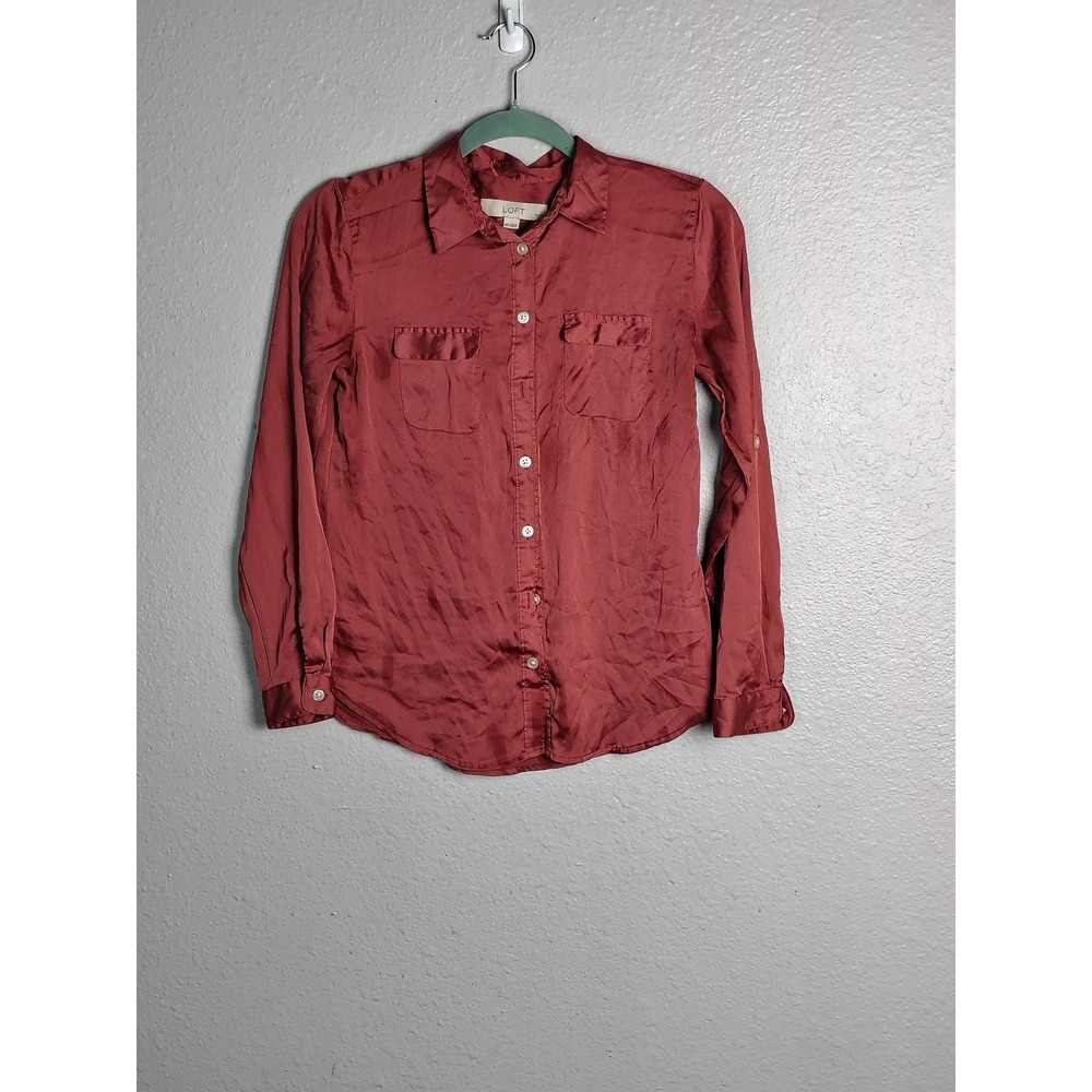 LOFT Shirt Womens XSP Red Solid Button Front Roll Tab Long Sleeve Petite‎ Top
